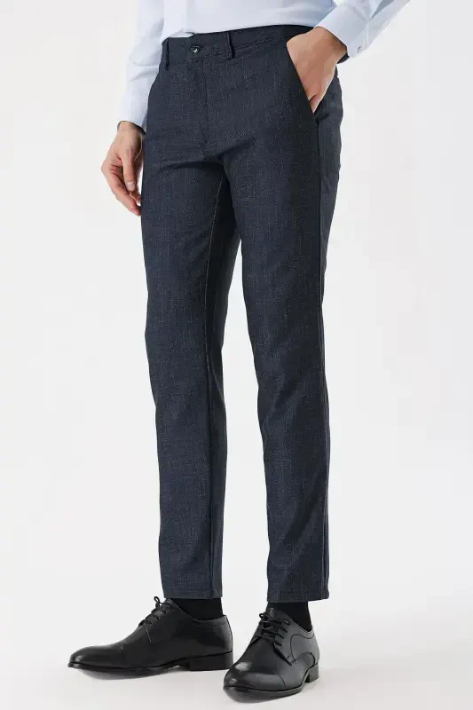 Morven Erkek Lacivert Poliviskon Desenli Slim Fit Pantolon - 1