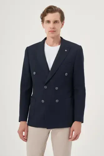 Morven Erkek Lacivert Poliviskon Kruvaze Desenli Slim Fit Sivri Yaka Ceket - 1