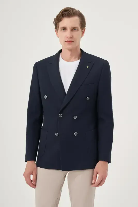 Morven Erkek Lacivert Poliviskon Kruvaze Desenli Slim Fit Sivri Yaka Ceket - 1