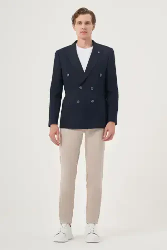 Morven Erkek Lacivert Poliviskon Kruvaze Desenli Slim Fit Sivri Yaka Ceket - 3