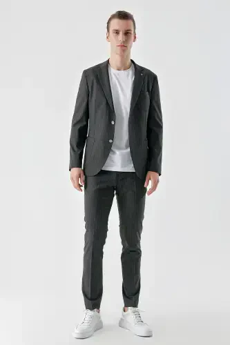 Morven Erkek Lacivert Poliviskon Trend Çizgili Desen Slim Fit Mono Yaka Takım Elbise - MORVEN (1)