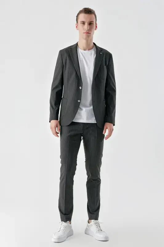 Modazone Erkek Lacivert Poliviskon Trend Çizgili Desen Slim Fit Mono Yaka Takım Elbise - MORVEN