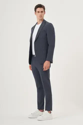 Morven Erkek Lacivert Poliviskon Trend Çizgili Slim Fit Mono Yaka Takım Elbise - 3