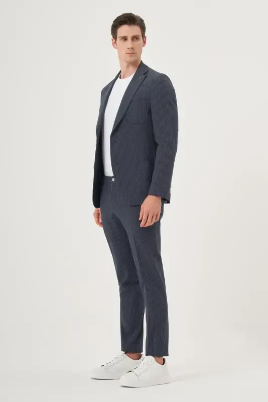 Morven Erkek Lacivert Poliviskon Trend Çizgili Slim Fit Mono Yaka Takım Elbise - 3