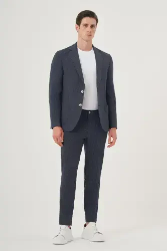 Morven Erkek Lacivert Poliviskon Trend Çizgili Slim Fit Mono Yaka Takım Elbise - 4