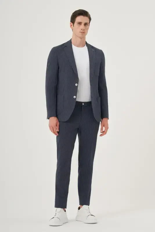 Morven Erkek Lacivert Poliviskon Trend Çizgili Slim Fit Mono Yaka Takım Elbise - 4