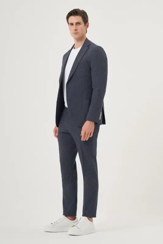 Morven Erkek Lacivert Poliviskon Trend Çizgili Slim Fit Mono Yaka Takım Elbise - 5