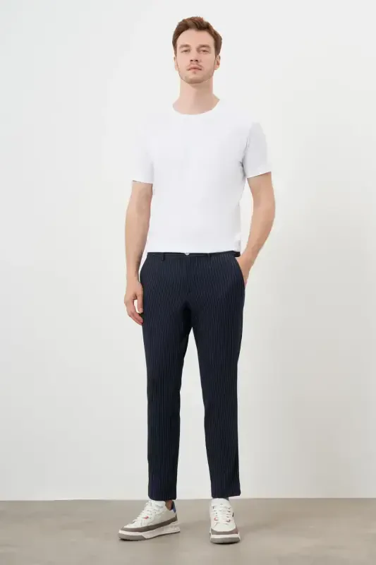 Morven Erkek Lacivert Poliviskon Trend Çizgili Slim Fit Örme Spor Pantolon - 5