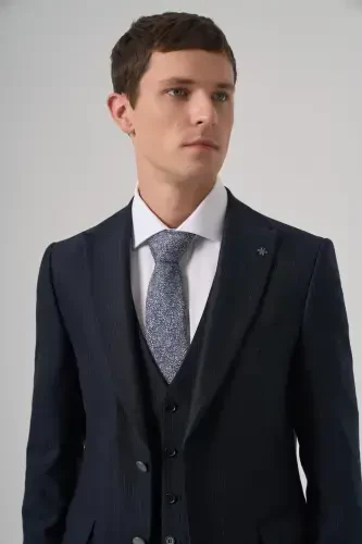 Modazone Erkek Lacivert Poliviskon Trend Çizgili Slim Fit Sivri Yaka Yelekli Takım Elbise - MORVEN (1)