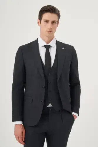 Morven Erkek Lacivert Poliviskon Trend Desenli Slim Fit Sivri Yaka Yelekli Takım Elbise - 1