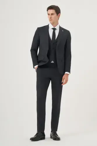 Morven Erkek Lacivert Poliviskon Trend Desenli Slim Fit Sivri Yaka Yelekli Takım Elbise - 3