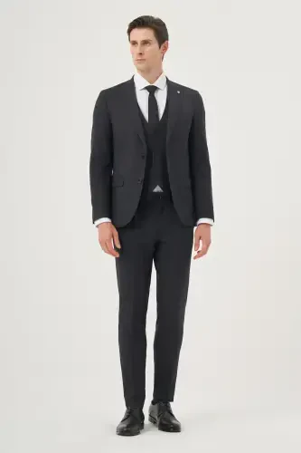 Morven Erkek Lacivert Poliviskon Trend Desenli Slim Fit Sivri Yaka Yelekli Takım Elbise - 4