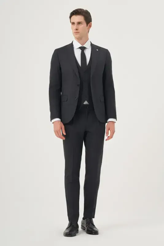 Morven Erkek Lacivert Poliviskon Trend Desenli Slim Fit Sivri Yaka Yelekli Takım Elbise - 4