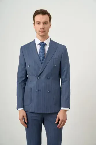 Modazone Erkek Lacivert Poliviskon Trend Kruvaze Slim Fit Sivri Yaka Takım Elbise - MORVEN (1)