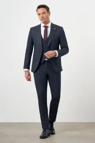 Morven Erkek Lacivert Poliviskon Trend Yelekli Çizgili Desen Slim Fit Sivri Yaka Takım Elbise - MORVEN (1)