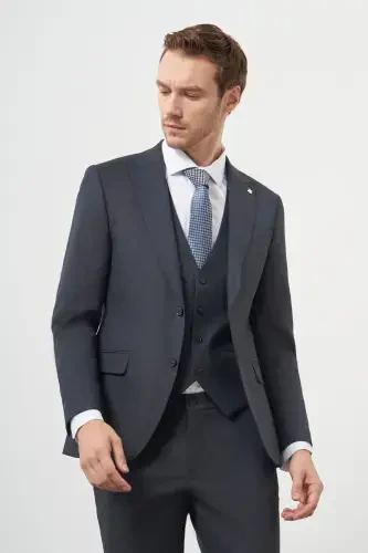 Morven Erkek Lacivert Poliviskon Trend Yelekli Desenli Slim Fit Sivri Yaka Takım Elbise - 1