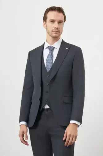 Morven Erkek Lacivert Poliviskon Trend Yelekli Desenli Slim Fit Sivri Yaka Takım Elbise - 2