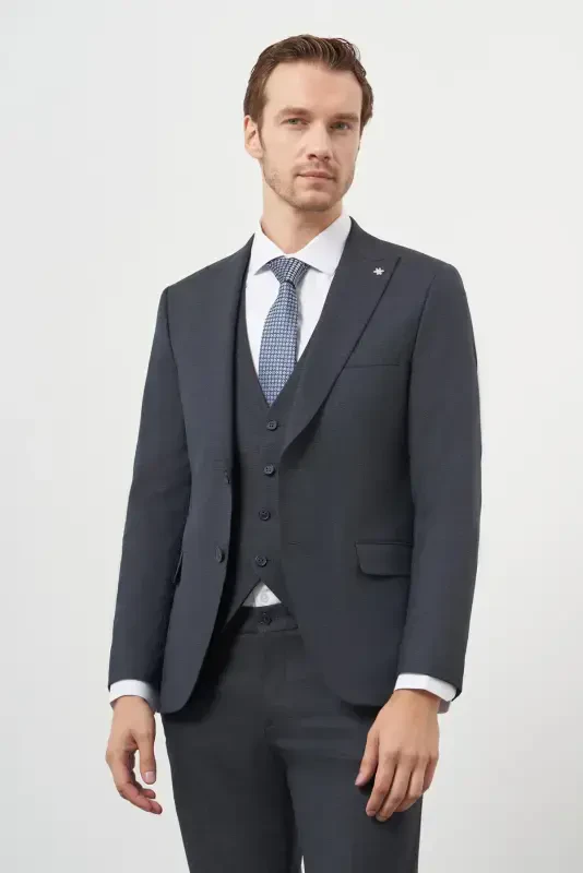 Morven Erkek Lacivert Poliviskon Trend Yelekli Desenli Slim Fit Sivri Yaka Takım Elbise - 2