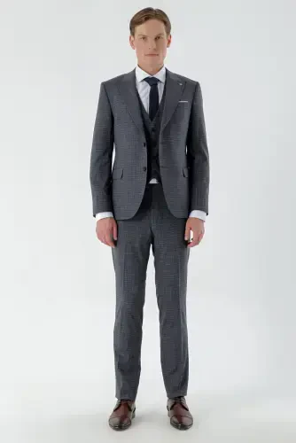 Morven Erkek Lacivert Poliviskon Trend Yelekli Ekoseli Slim Fit Sivri Yaka Takım Elbise - MORVEN (1)