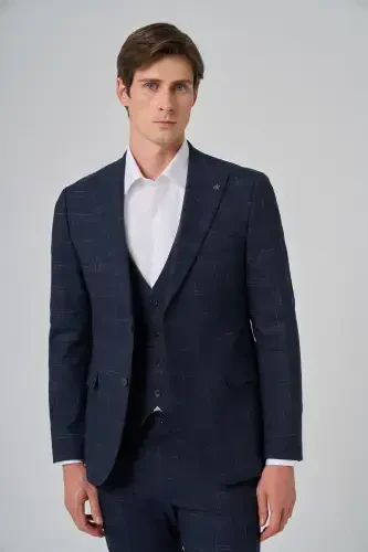 Morven Erkek Lacivert Poliviskon Trend Yelekli Ekoseli Slim Fit Sivri Yaka Takım Elbise - MORVEN (1)
