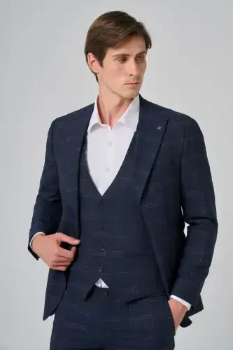 Modazone Erkek Lacivert Poliviskon Trend Yelekli Ekoseli Slim Fit Sivri Yaka Takım Elbise - MORVEN (1)