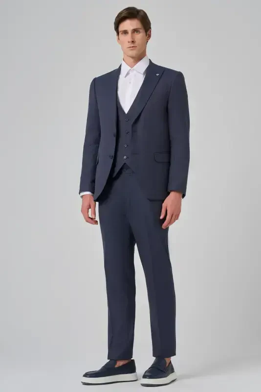 Morven Erkek Lacivert Poliviskon Yelekli Trend Desenli Slim Fit Sivri Yaka Takım Elbise - 2