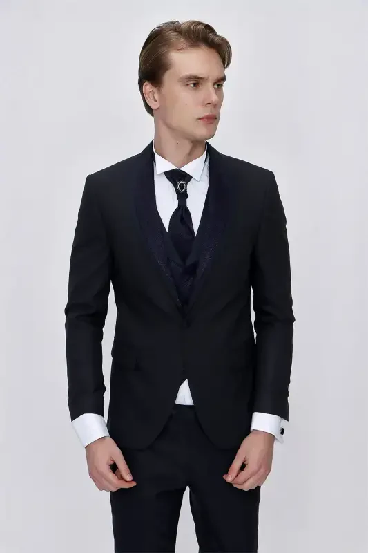 Morven Erkek Lacivert Santos Çıkma Yaka Slim Fit Damatlık - 5