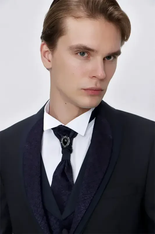 Morven Erkek Lacivert Santos Çıkma Yaka Slim Fit Damatlık - 7