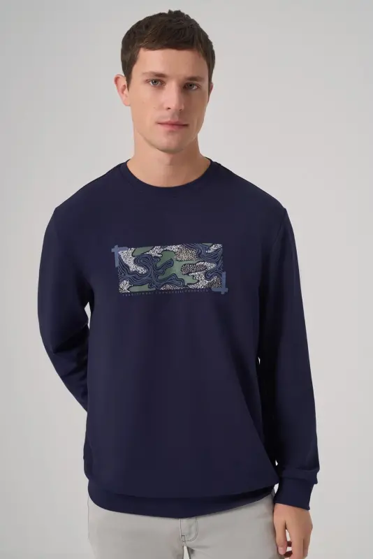Morven Erkek Lacivert Trend Baskılı Bisiklet Yaka Sweatshirt - 2
