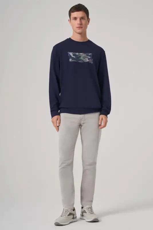 Morven Erkek Lacivert Trend Baskılı Bisiklet Yaka Sweatshirt - 4