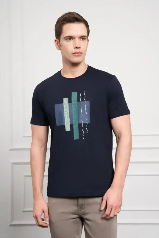 Morven Erkek Lacivert Trend Bisiklet Yaka Dinamik Fit Pamuk T-Shirt - 4