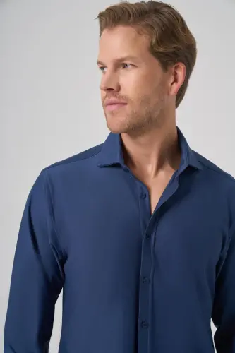 Morven Erkek Lacivert Trend Düz Slim Fit Tam İtalyan Yaka Gömlek - 3