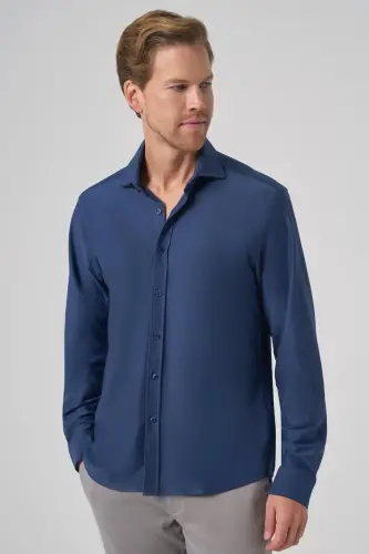 Modazone Erkek Lacivert Trend Düz Slim Fit Tam İtalyan Yaka Gömlek 