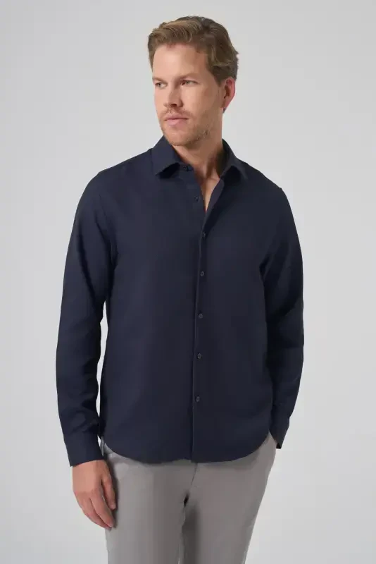 Modazone Erkek Lacivert Trend Dynamic Fit Sert Yaka Gömlek - MORVEN