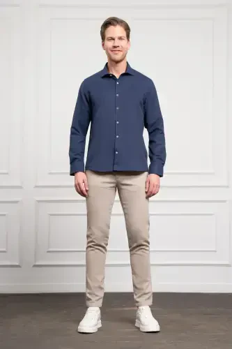 Morven Erkek Lacivert Trend İtalyan Yaka Slim Fit Dar Kesim Gömlek - 2