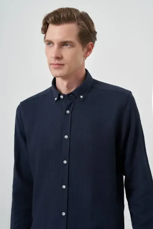 Morven Erkek Lacivert Trend Keten Slim Fit Düğmeli Yaka Gömlek - 3