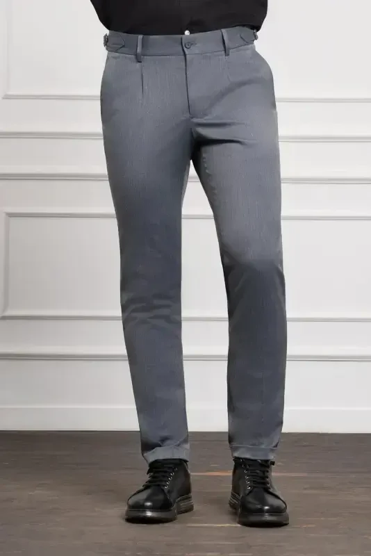 Morven Erkek Lacivert Trend Slim Fit Dar Kesim Pileli Pantolon - 1