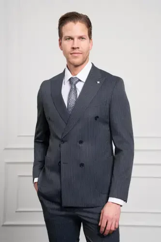 Morven Erkek Lacivert Trend Slim Fit Dar Kesim Sivri Yaka Kruvaze Takım Elbise - MORVEN (1)