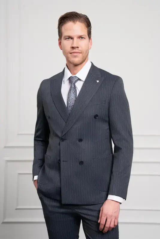 Modazone Erkek Lacivert Trend Slim Fit Dar Kesim Sivri Yaka Kruvaze Takım Elbise - MORVEN