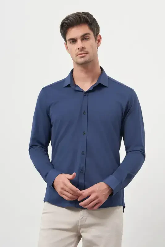 Morven Erkek Lacivert Trend Slim Fit İtalyan Yaka Gömlek - 1