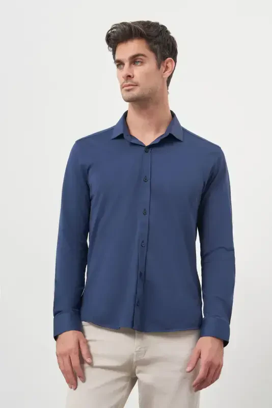 Morven Erkek Lacivert Trend Slim Fit İtalyan Yaka Gömlek - 2