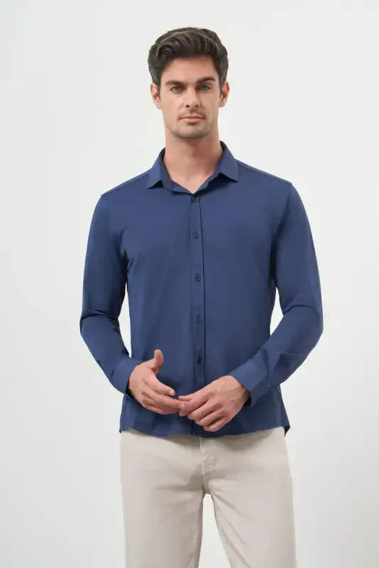 Morven Erkek Lacivert Trend Slim Fit İtalyan Yaka Gömlek - 3