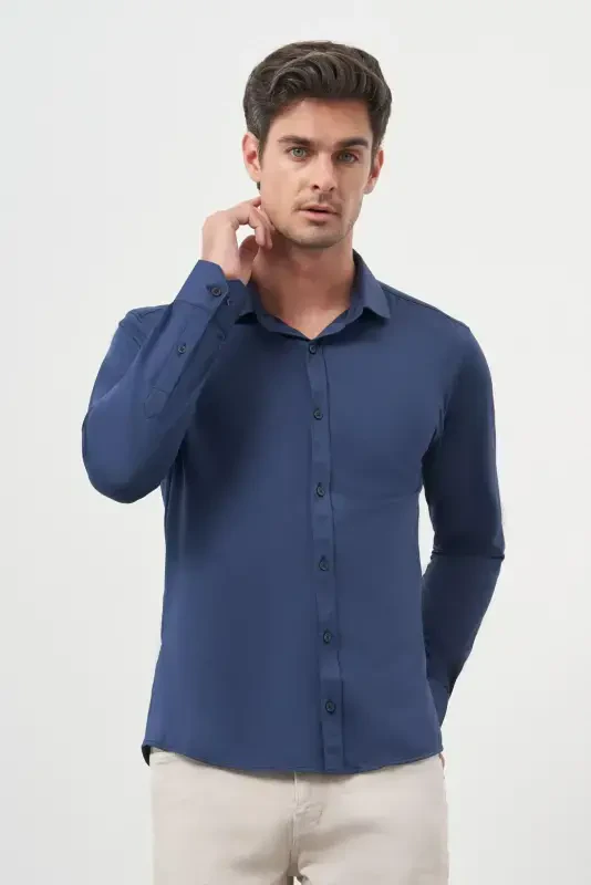 Morven Erkek Lacivert Trend Slim Fit İtalyan Yaka Gömlek - 4