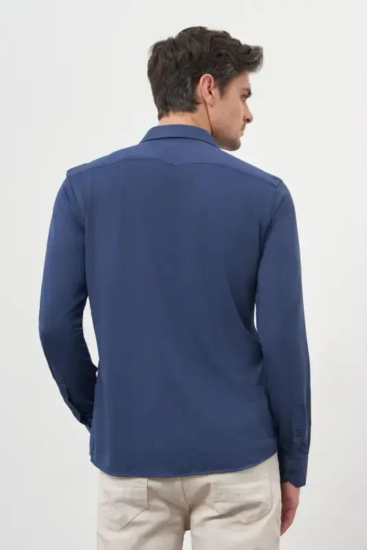 Morven Erkek Lacivert Trend Slim Fit İtalyan Yaka Gömlek - 5