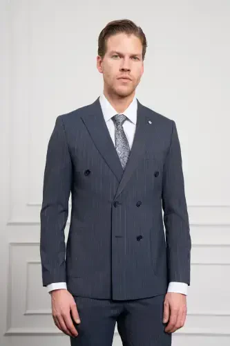 Morven Erkek Lacivert Trend Slim Fit Sivri Yaka Kruvaze Takım Elbise 