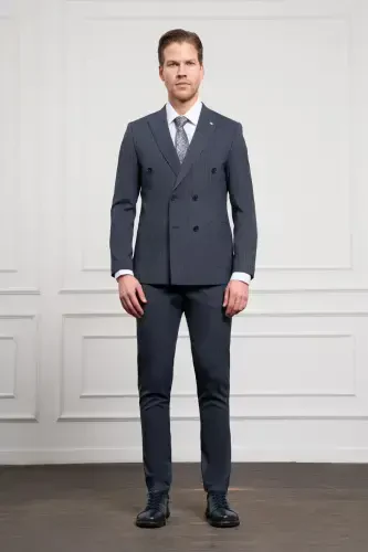 Morven Erkek Lacivert Trend Slim Fit Sivri Yaka Kruvaze Takım Elbise - MORVEN (1)