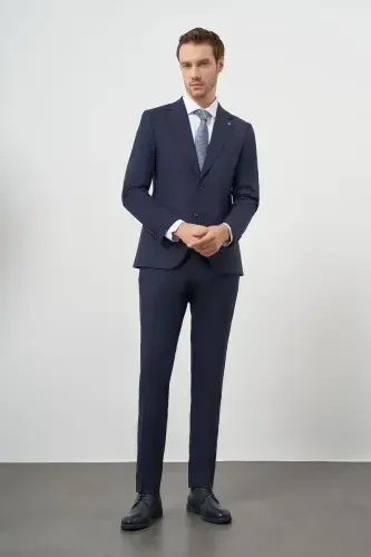 Morven Erkek Lacivert Yün Slim Fit Mono Yaka Takım Elbise - 4