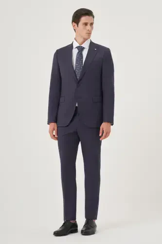 Morven Erkek Lacivert Yünlü 8-Drop Trend Çizgili Slim Fit Sivri Yaka Takım Elbise - 6