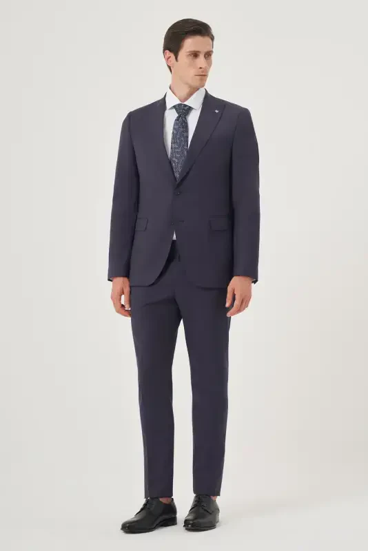 Morven Erkek Lacivert Yünlü 8-Drop Trend Çizgili Slim Fit Sivri Yaka Takım Elbise - 6