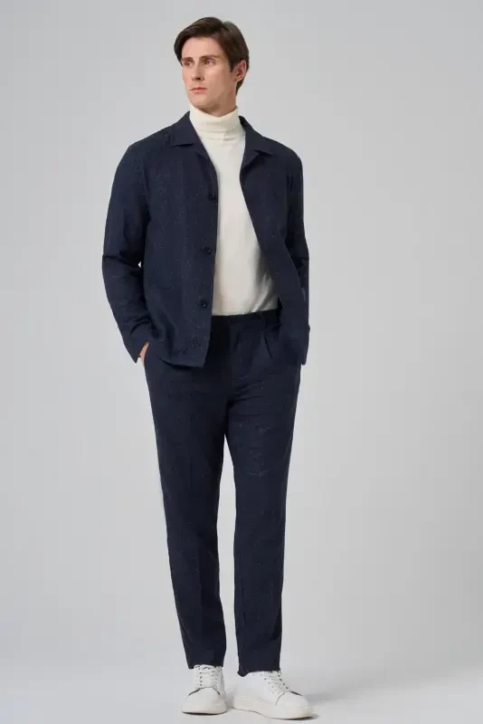 Morven Erkek Lacivert Yünlü Berberi Yaka Torba Cepli Gömlek - 4